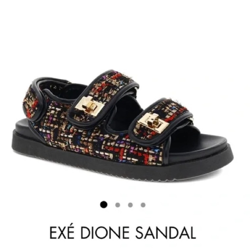 Exe Dione black/multicolored tweed quilted Sandals NWOT